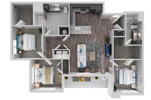 Floor plan for 3 beds, 2 baths, 1421 sqft